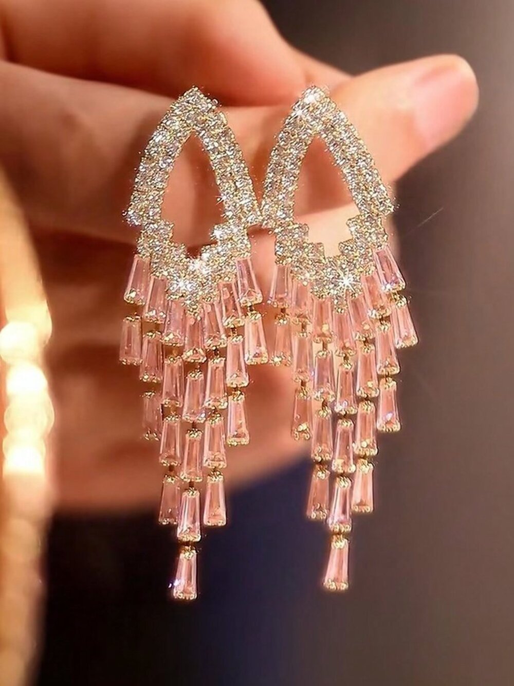 Golden Yellow Elegant Women's Rhinestone Tassel Fringe Earrings
